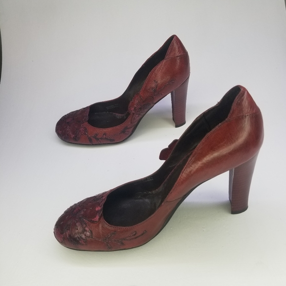 Apepazza Sz8.5 Red Leather Applique Floral Heels - Picture 3 of 14